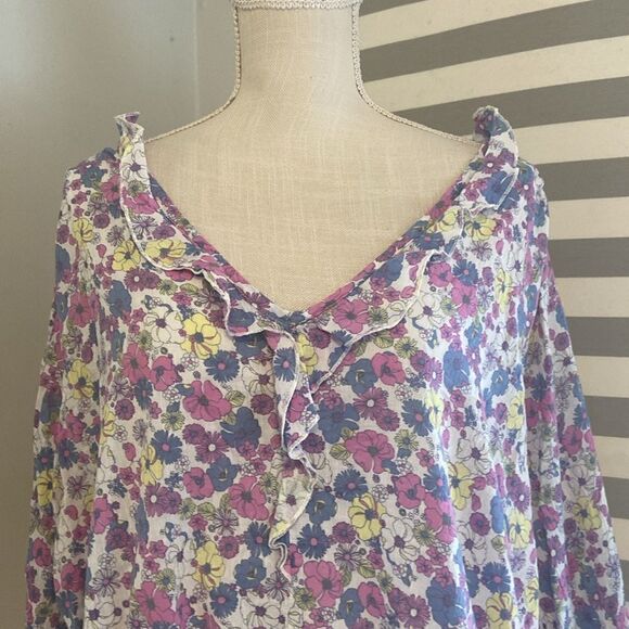 Modcloth Purple Floral Drama in Doll Valley Ruffled Cropped Blouse Size 2X - Picture 2 of 9